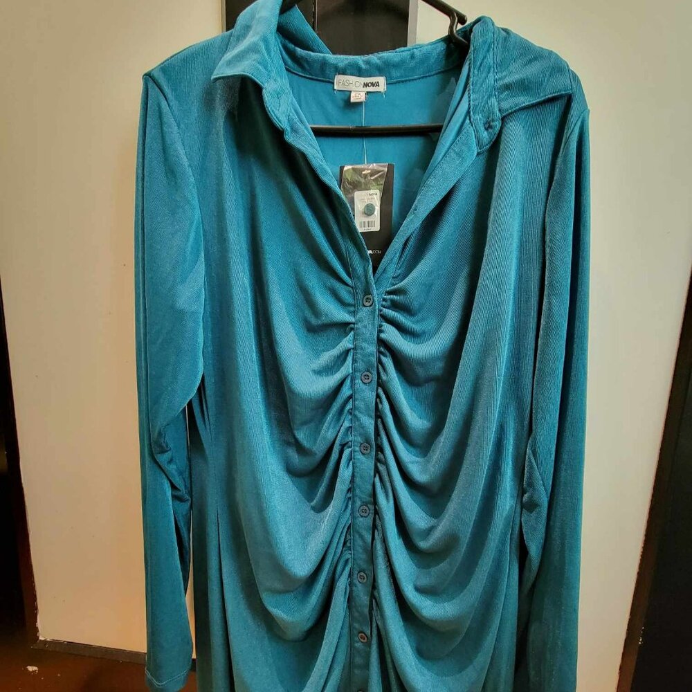 turquoise button down long sleeve dress with v neck